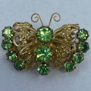 Vtg Czecho ? filigree green rhinestone crystal gold tone butterfly brooch